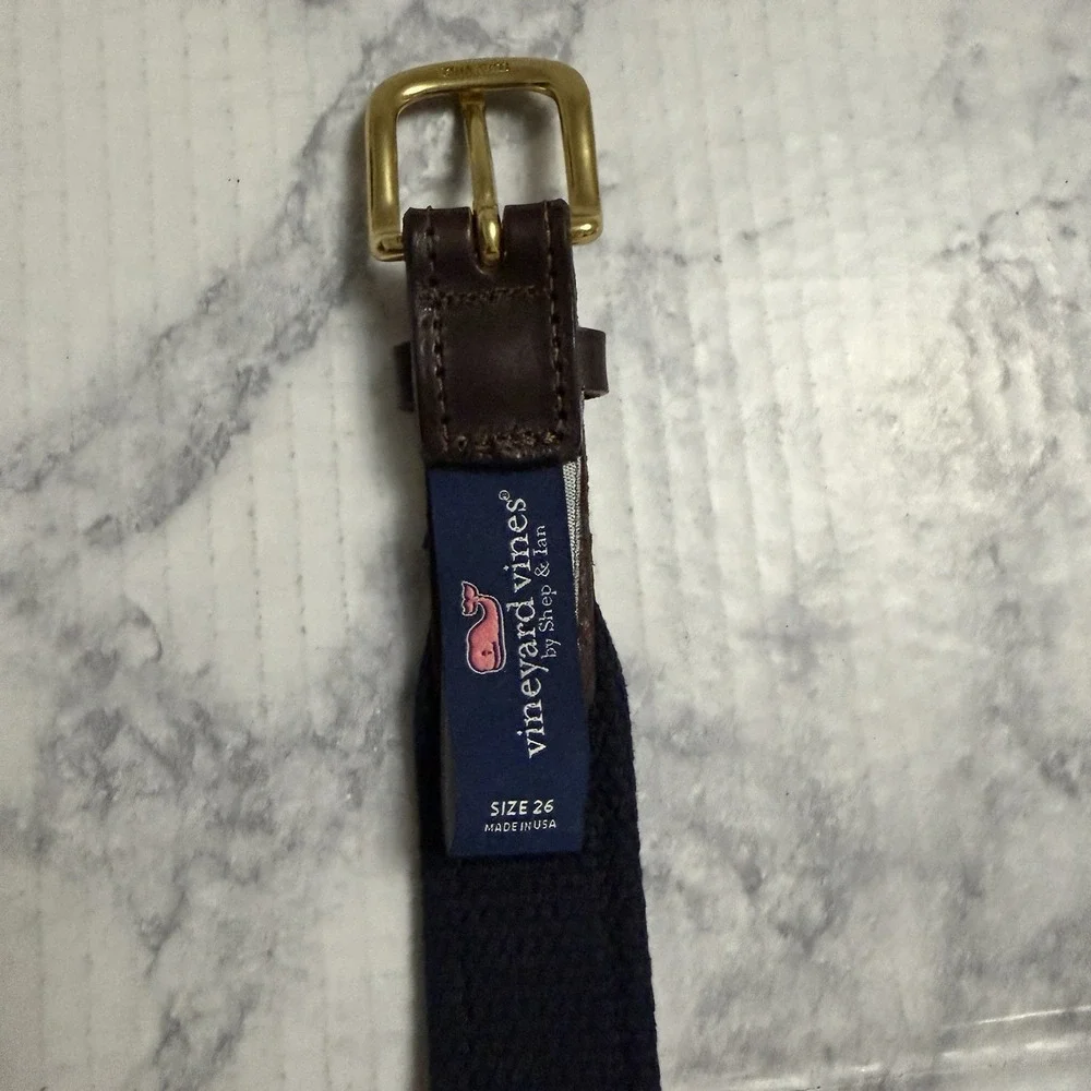 Vineyard Vines Boys Size 26 Navy American Flag Belt Brown Leather Brass Buckle